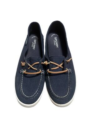Sperry Dark Navy Canvas Boat Shoes with Tan Laces